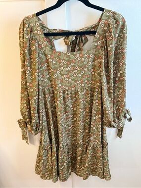 Olive Floral Boho Midi Dress with Tie Neck